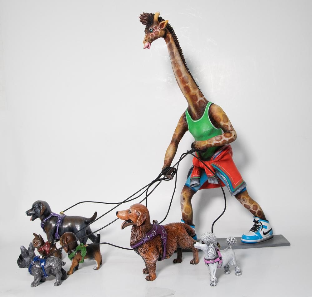 Giraffe Dogwalker, limited edition sculpture by Carlos & Albert