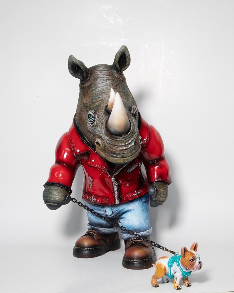 Rhino Dog Walker, mixed media sculpture by Carlos & Albert