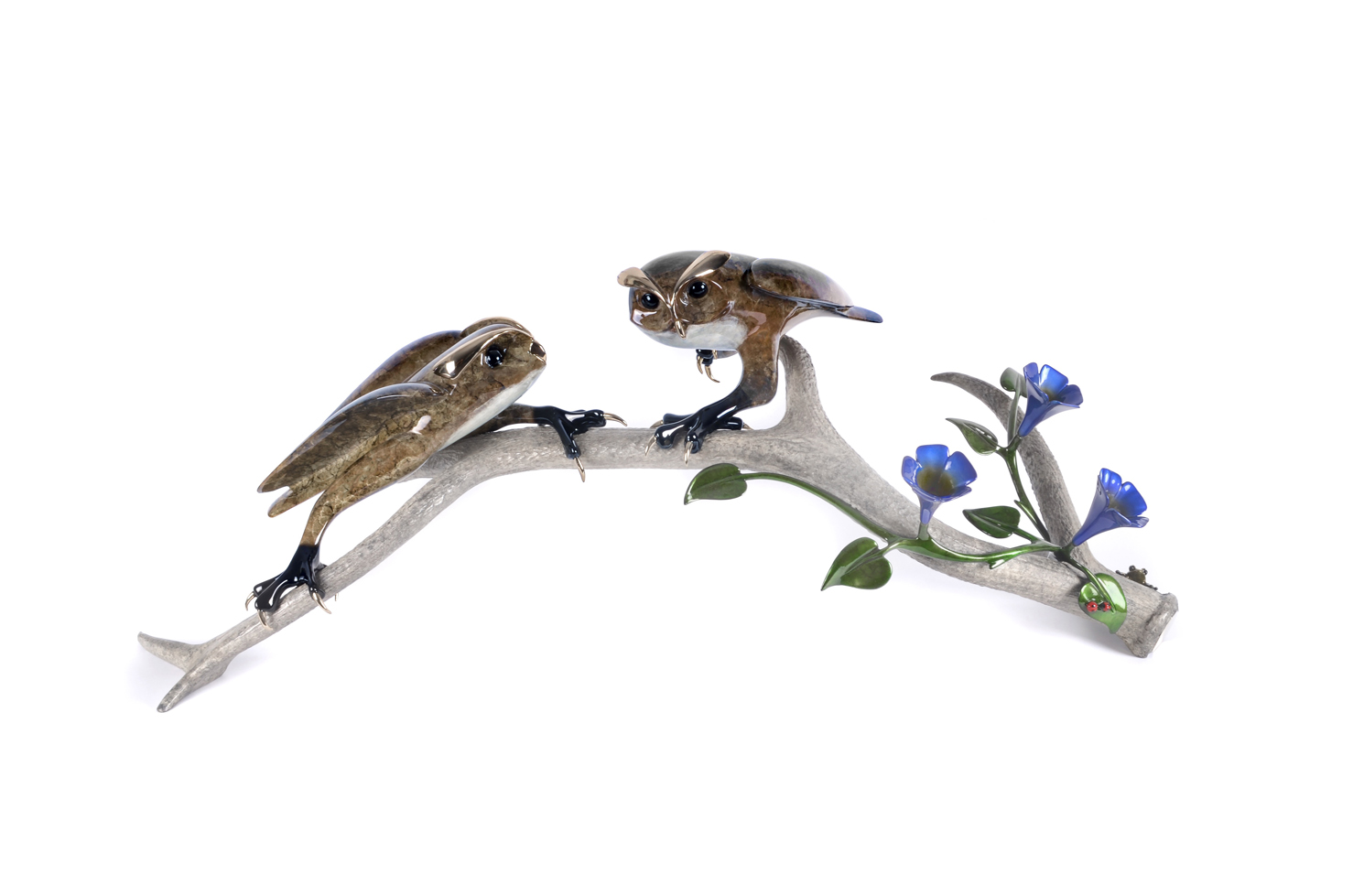 Signed, Limited Edition Bronze Owls on Antler Sculpture by Tim Cotterill