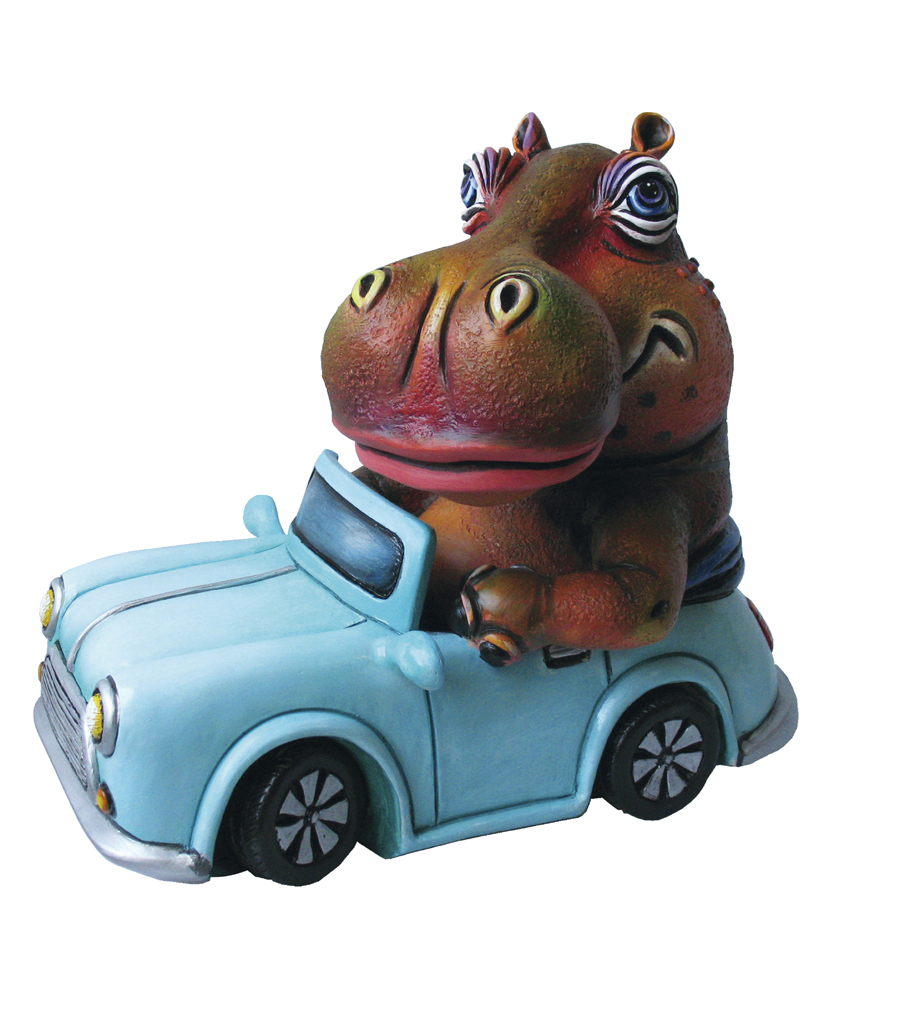 Signed, limited edition hippo in car sculpture