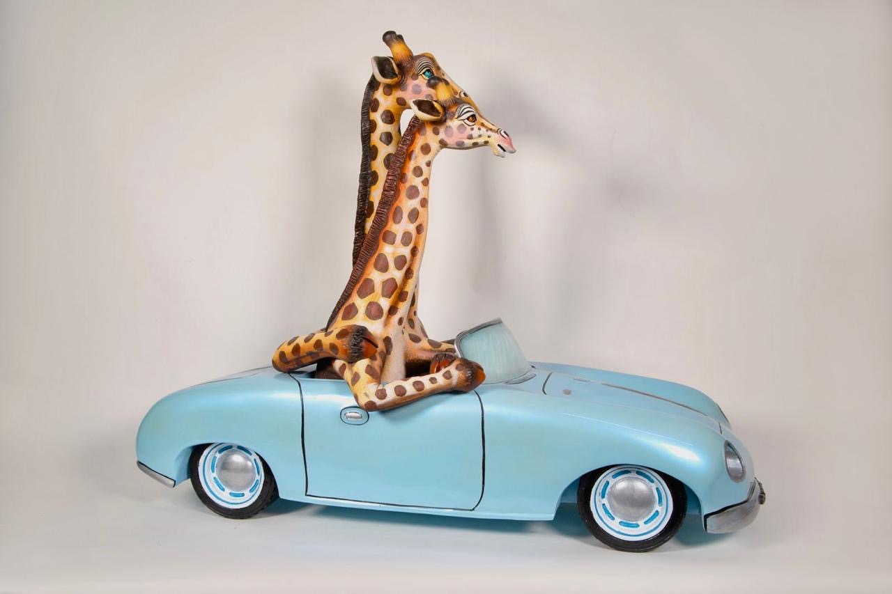 Signed, Limited Edition Mixed Media Giraffes in Car Sculpture