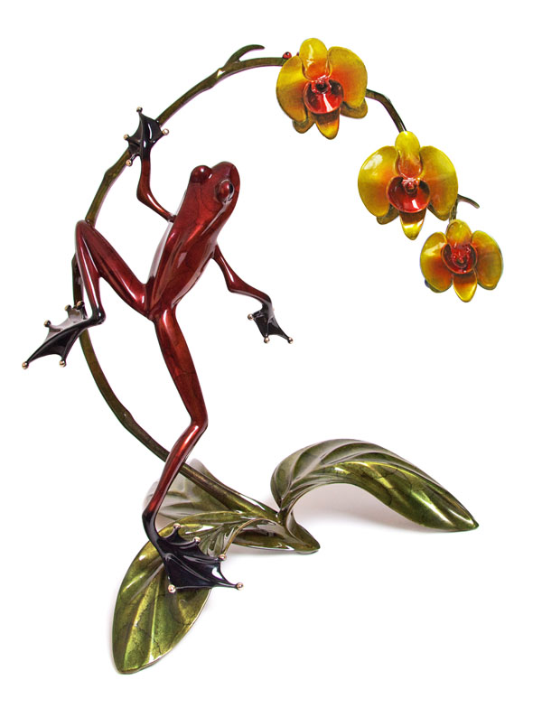 Signed, limited edition frog with orchid sculpture