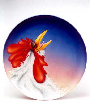 Signed, hand-crafted ceramic rooster plate by Todd Warner